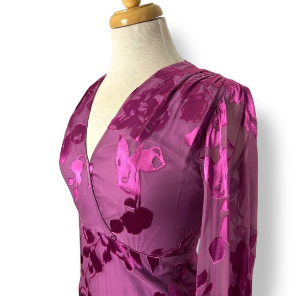 Alexis Barbara Emma Wrap Flounce Dress Lilac Devore Faux Wrap Long Sleeve Sz S - Picture 2 of 9